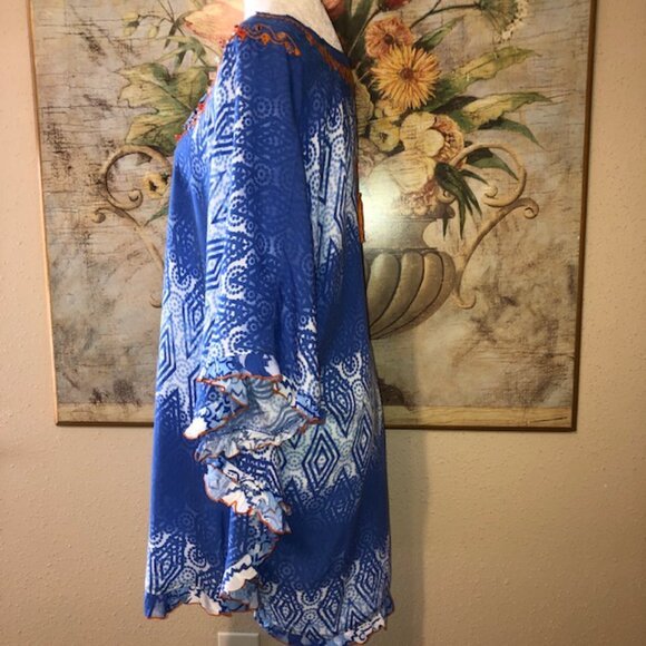 Sz M Kalypso 7 Blue & White Ombre Print Beach Coverup with Orange Embroi… - Picture 12 of 17